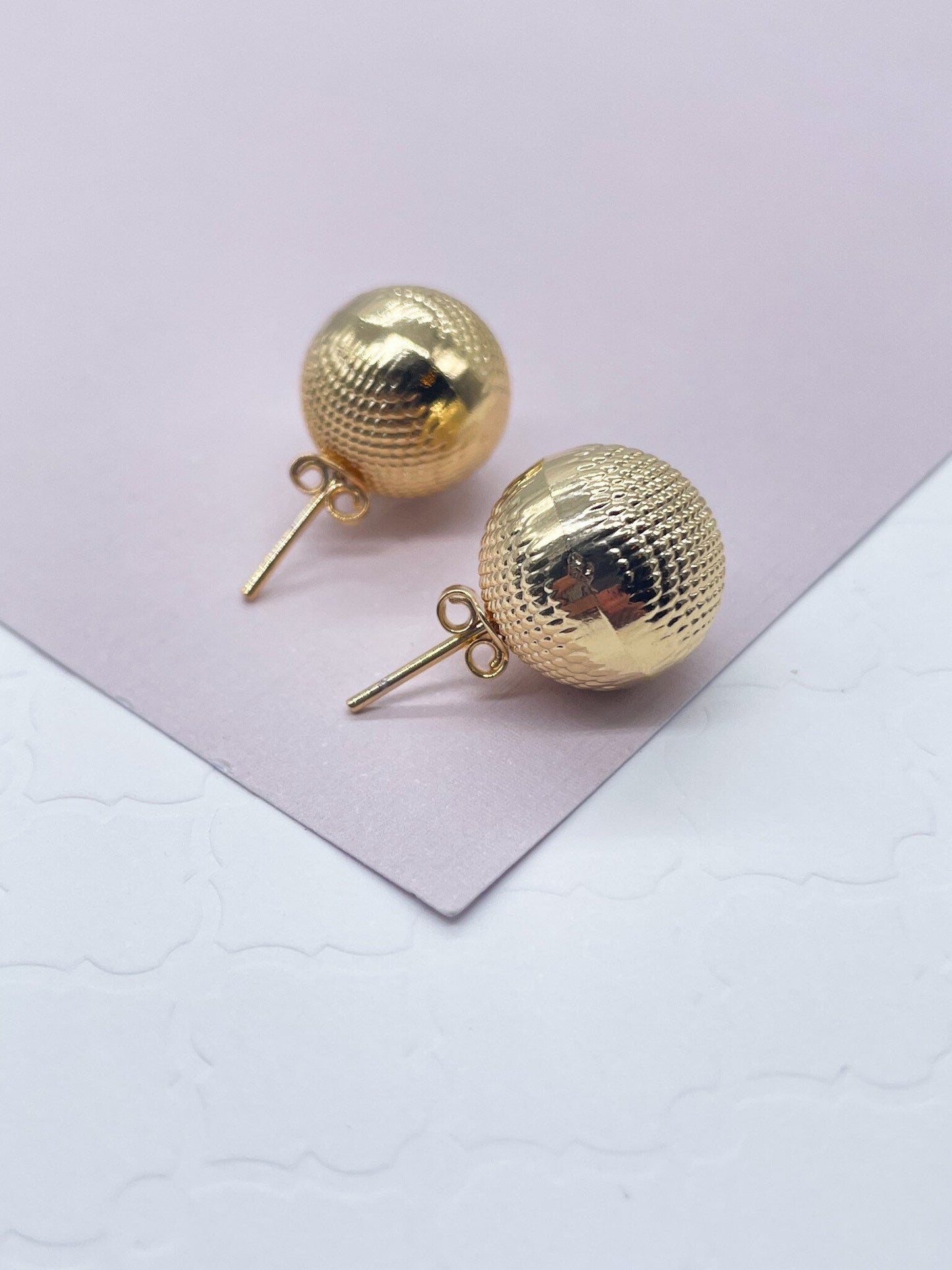 18k Gold Layered Diamond-Cut Cross Pattern Ball Stud Earrings Available Sizes