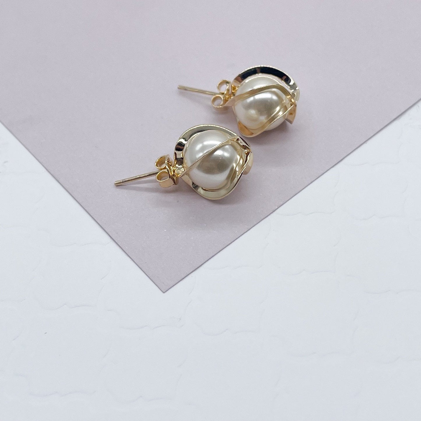 18k Gold Layered Pearl Stud Wrapped In Gold Thread 12 mm Size, Simulated Pearl,