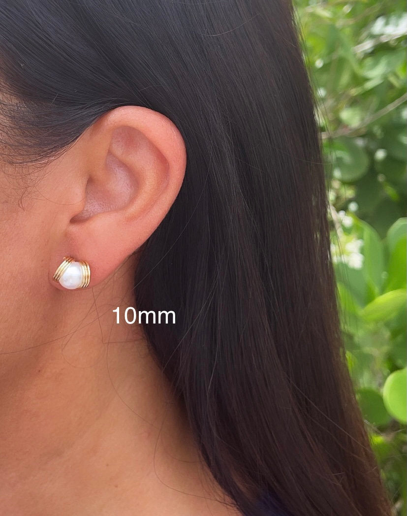18k Gold Layered Pearl Stud Side Wrapped By Gold Wire Hoop Detail, Small And
