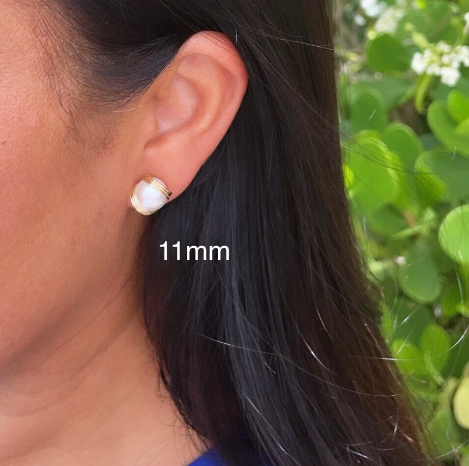 18k Gold Layered Pearl Stud Side Wrapped By Gold Wire Hoop Detail, Small And