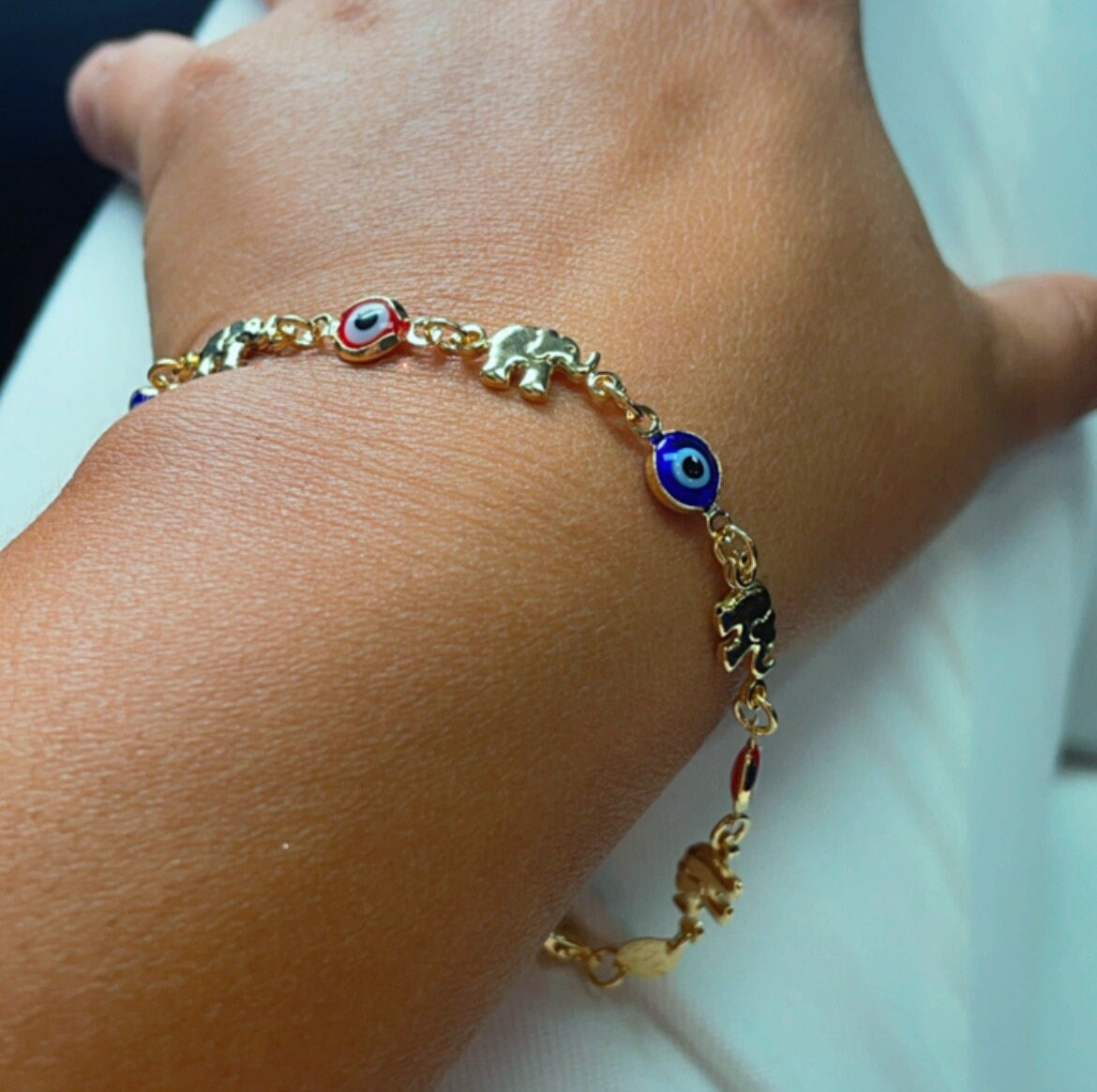 18k Gold Layered Elephant and Evil Eye Bracelet Featuring Red And Blue Evil