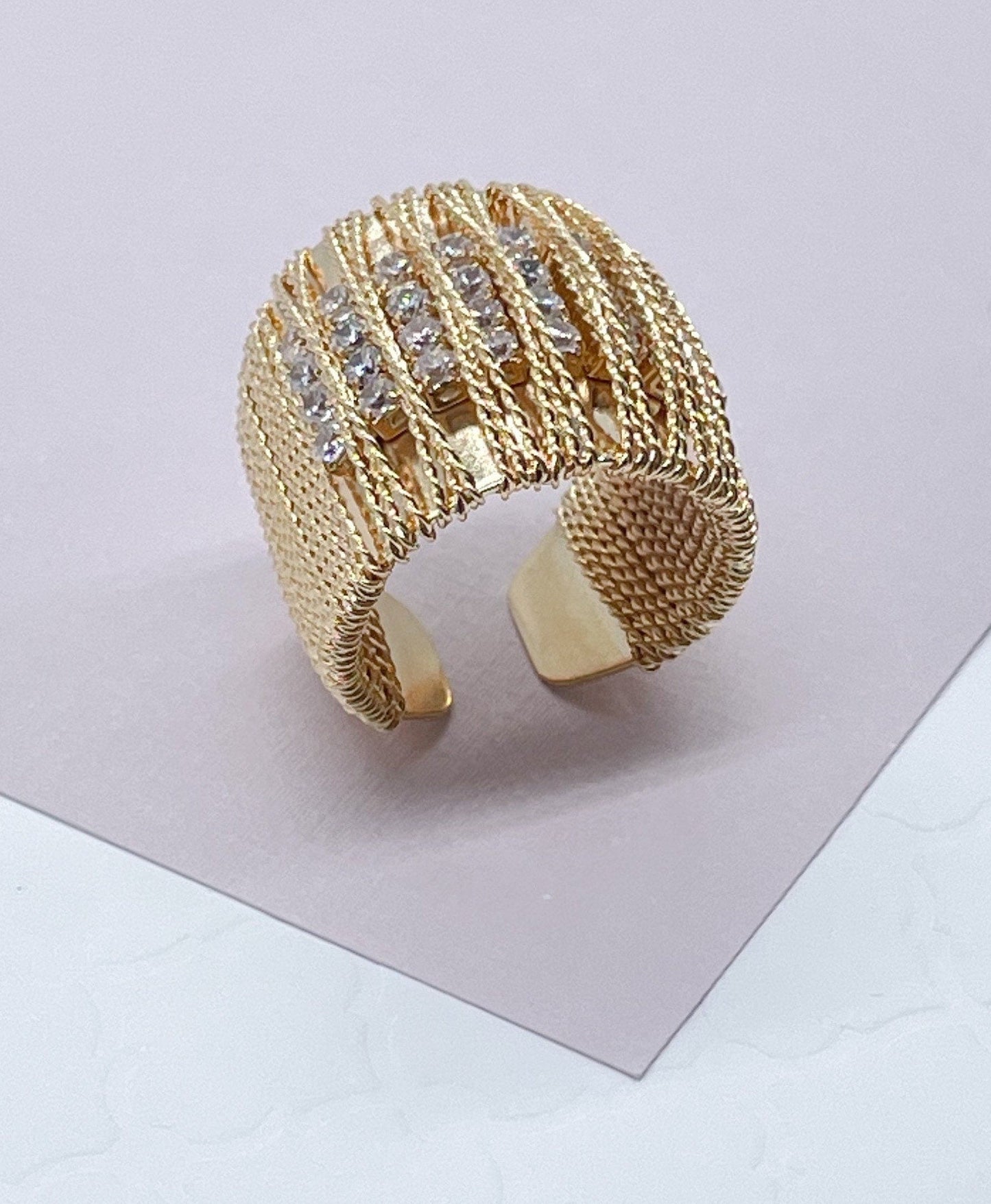 18k Gold Layered Chunky Gold Ring Wrapped In Gold Thread With 8 Rows of Cubic