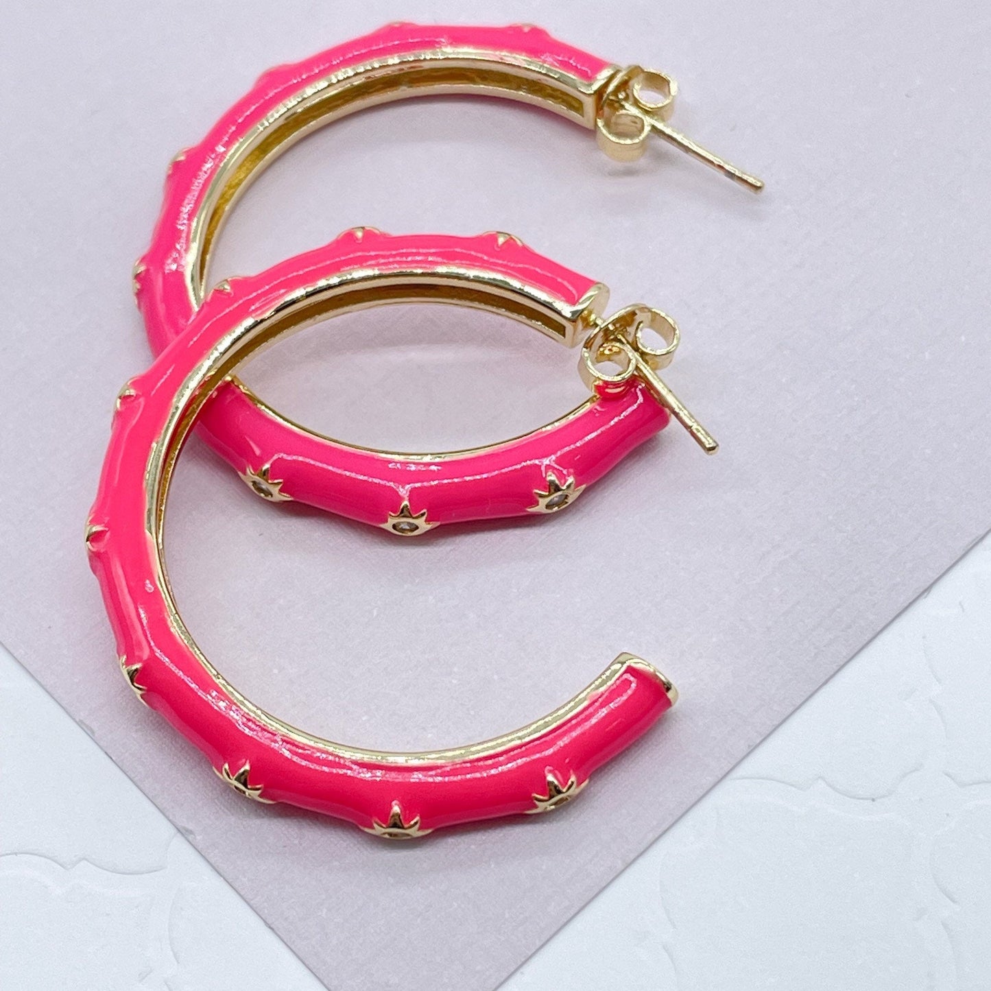 18k Gold Layered Colorful 35mm Hoop, Enamel with Little Stars Details Six