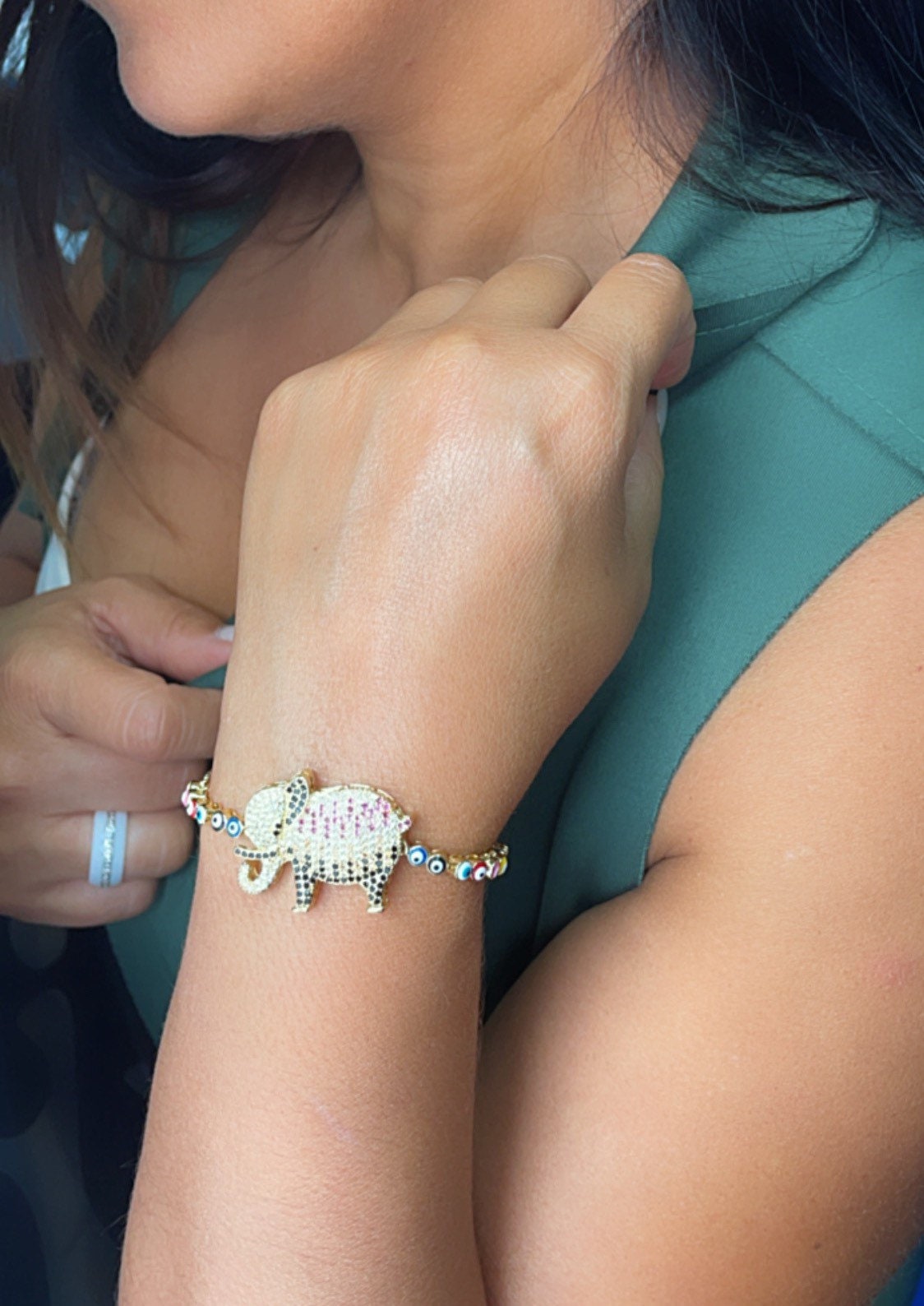 18k Gold Layered Adjustable Multicolor Cubic Zirconia Elephant Bracelet Featuring