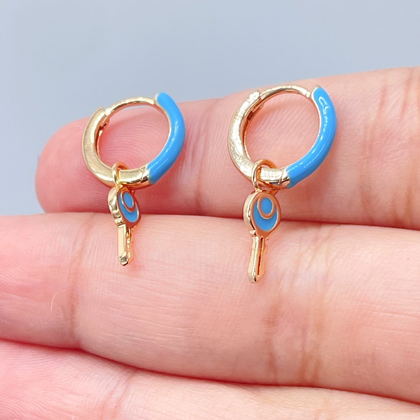 18k Gold Layered, Colorful Earrings with Dangling Key Clicker Colored Hoops