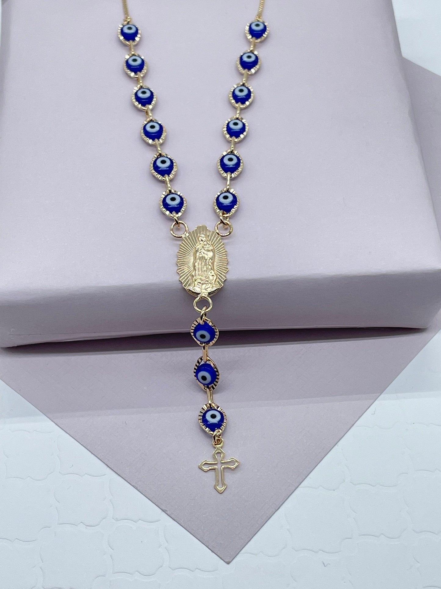 18k Gold Layered Evil Eye Fashion Rosary Style Necklace Featuring Our Lady Of
