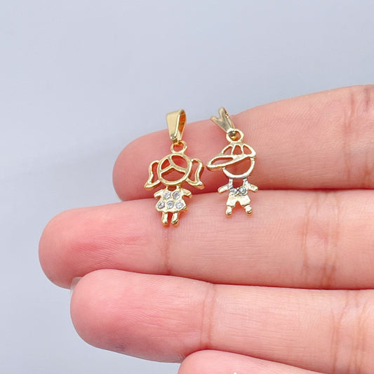 18k Gold Layered Kids Charms Boy in a Hat or Girl Featuring Cubic Zirconia For