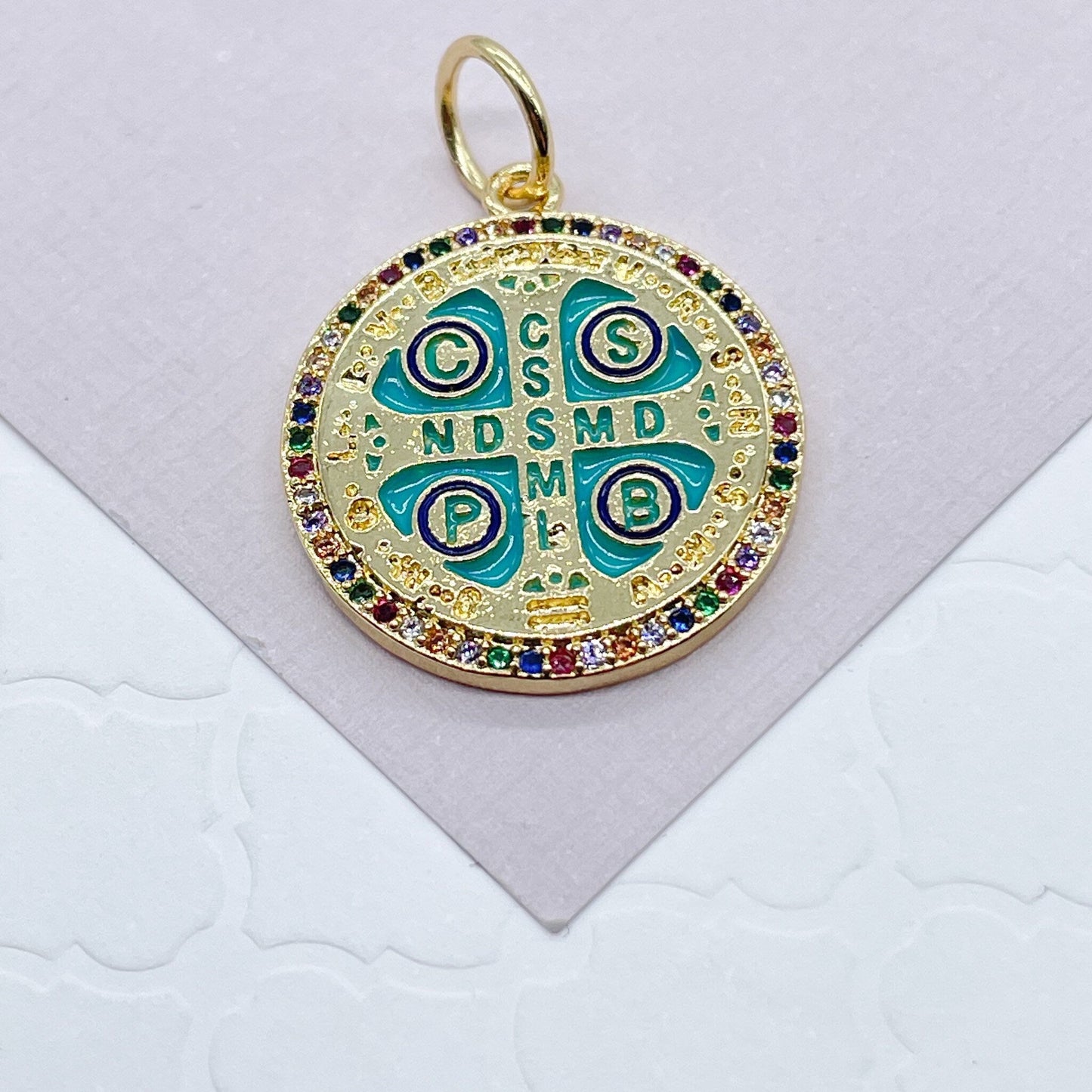 18k Gold Layered Colorful Enamel Saint Benedict Cross Pendant For Protection