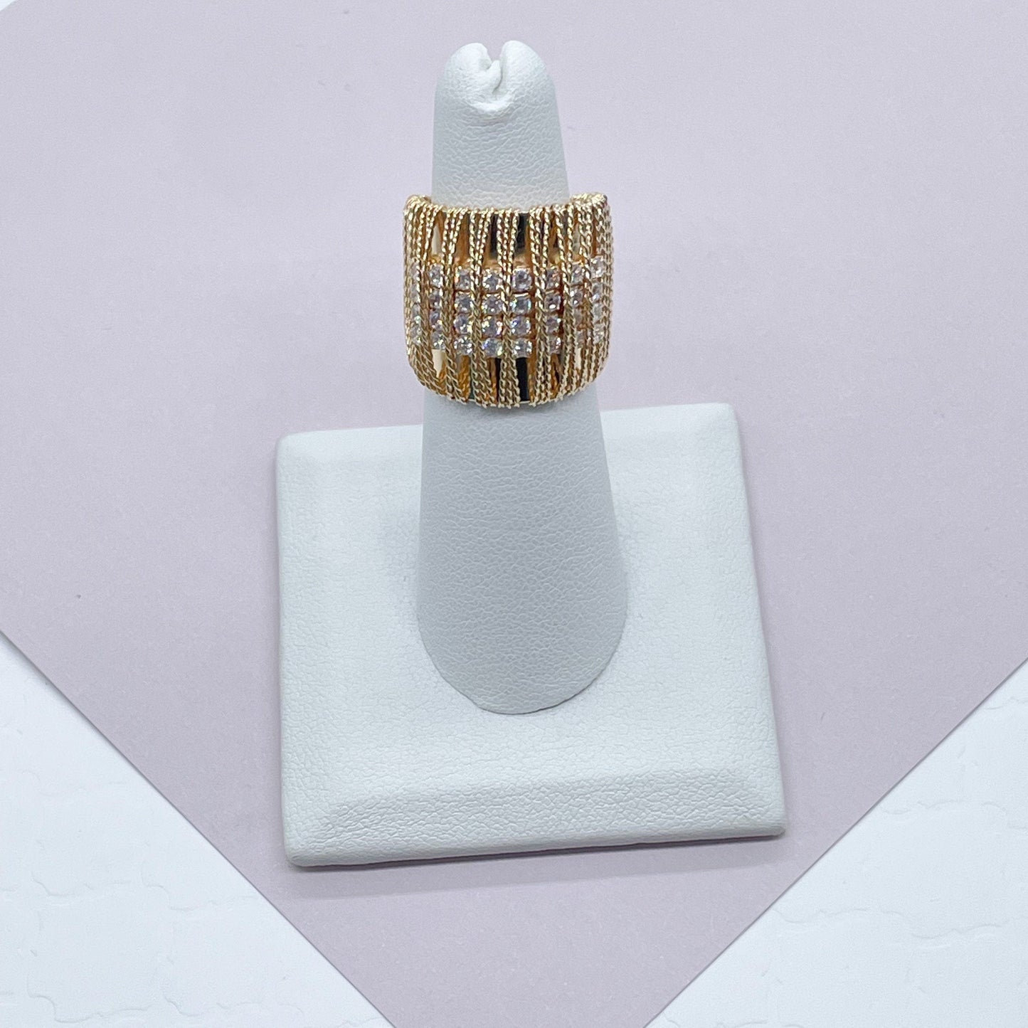 18k Gold Layered Chunky Gold Ring Wrapped In Gold Thread With 8 Rows of Cubic