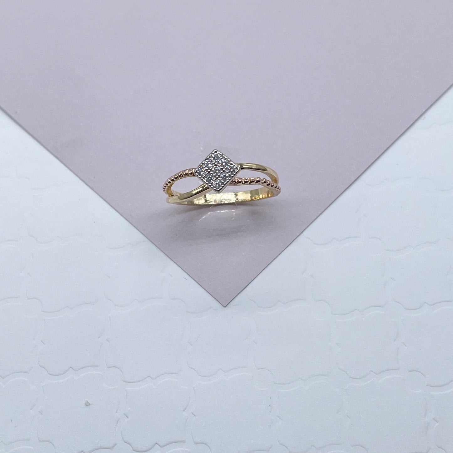 18k Gold Layered Ring Featuring Square Shape With Nine Cubic Zirconia on Top