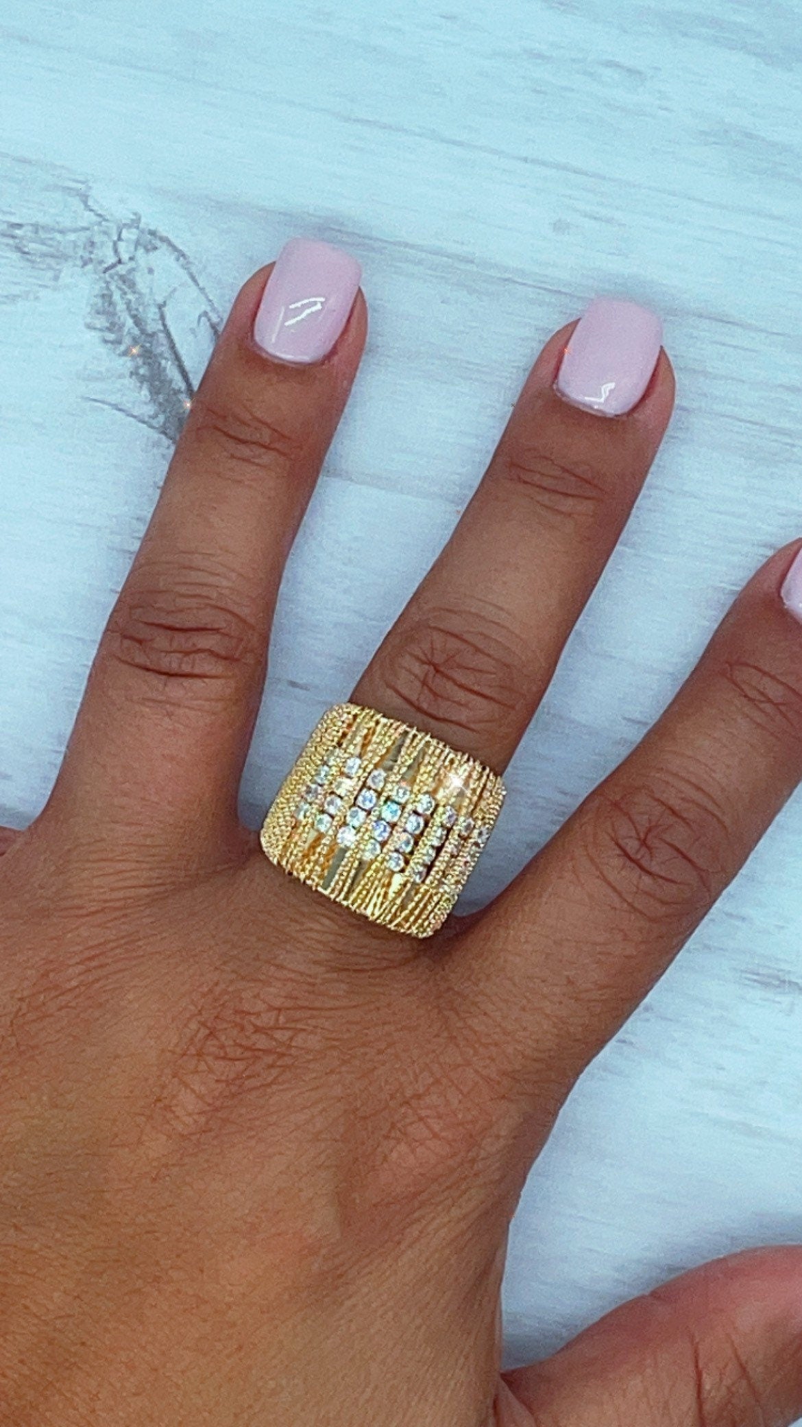 18k Gold Layered Chunky Gold Ring Wrapped In Gold Thread With 8 Rows of Cubic