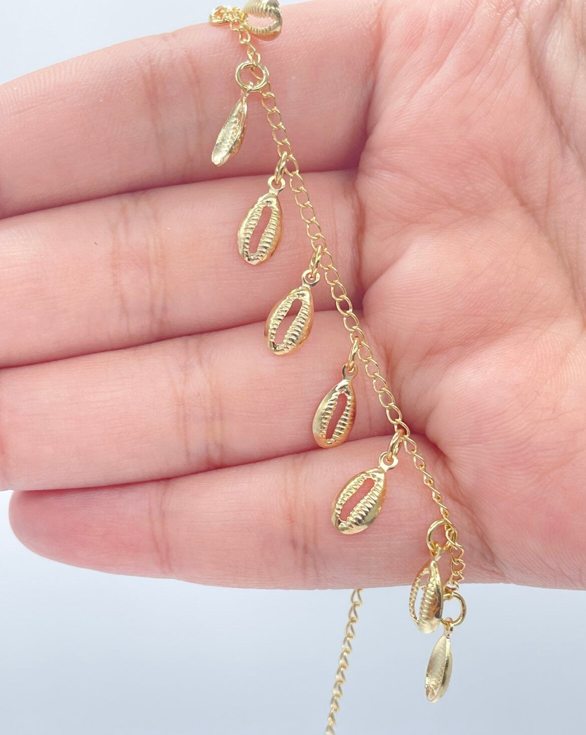 18k Gold Layered Dainty Chain with Eleven Extra Light Cowrie Shell Charms,