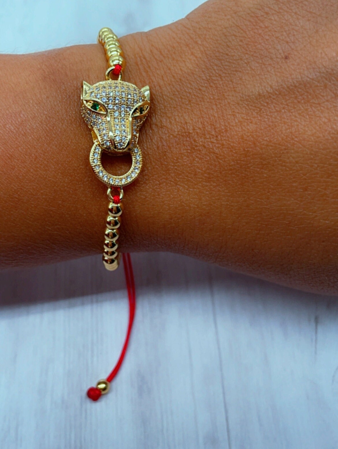 18k Gold Layered Leopard Face Adjustable Bracelet with Zirconia For Women, High