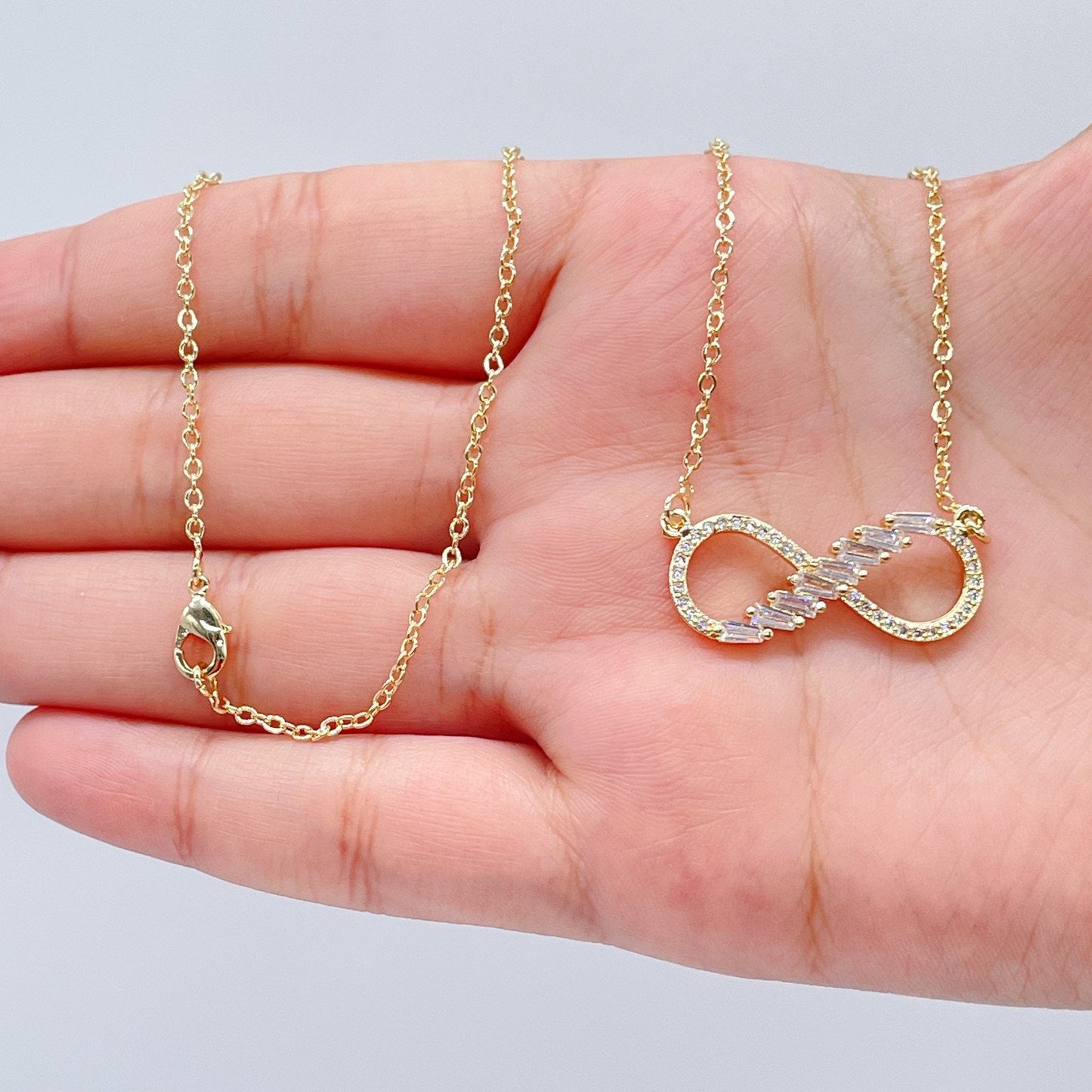 18k Gold Layered Infinity Baguete And Micro Pave Zirconia Set Necklace And