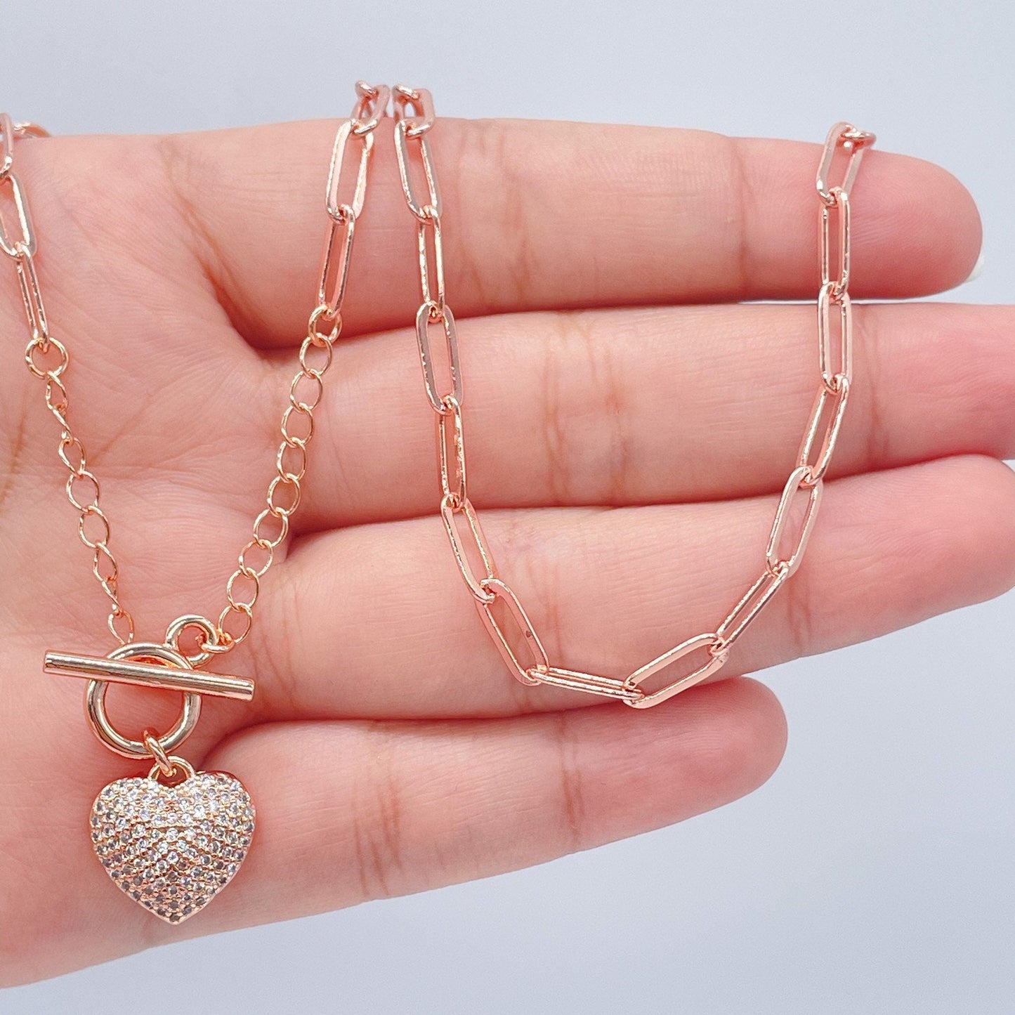 18k Gold Layered Paper Clip Chain Featuring Puffy Heart Full Pave Cubic