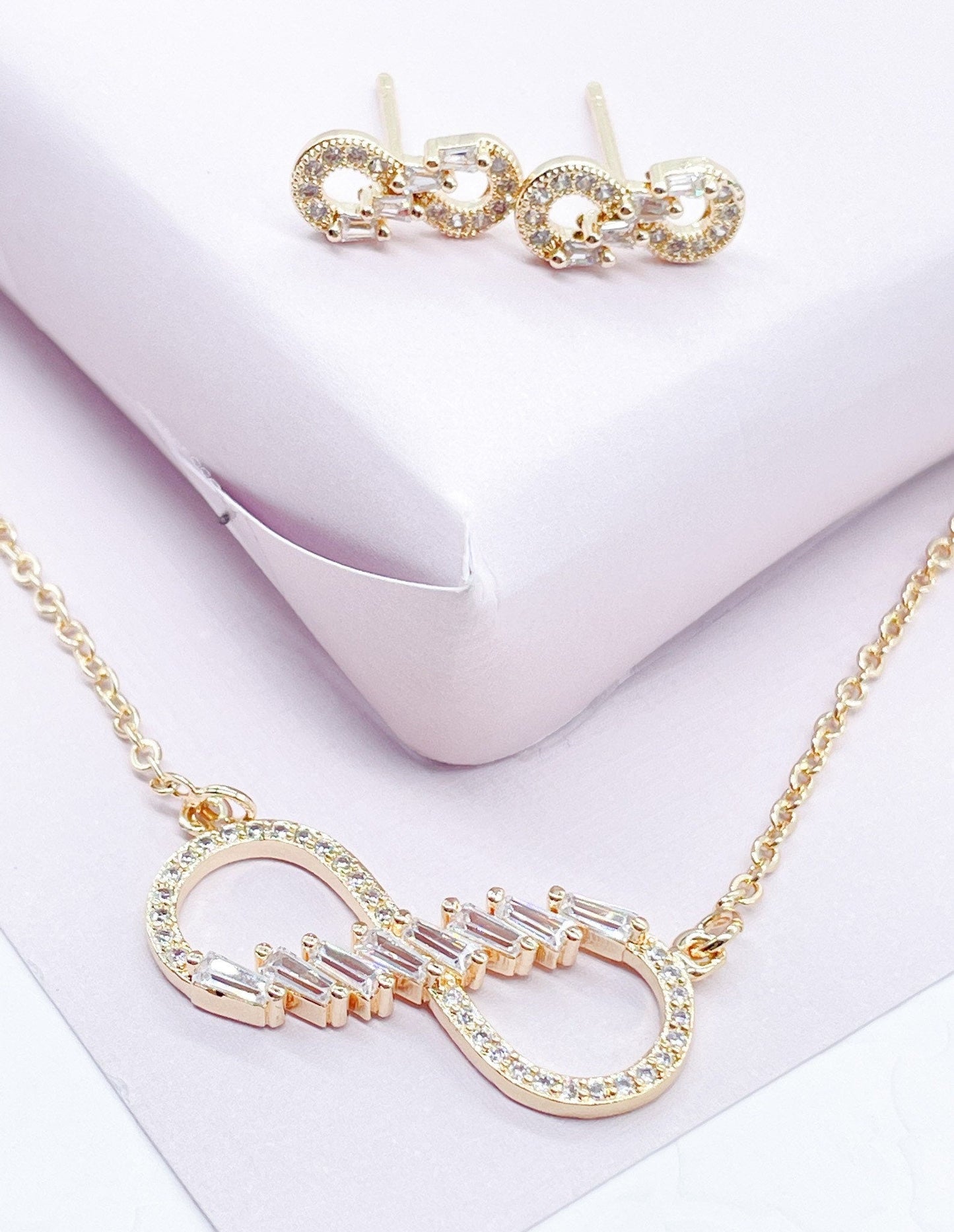 18k Gold Layered Infinity Baguete And Micro Pave Zirconia Set Necklace And