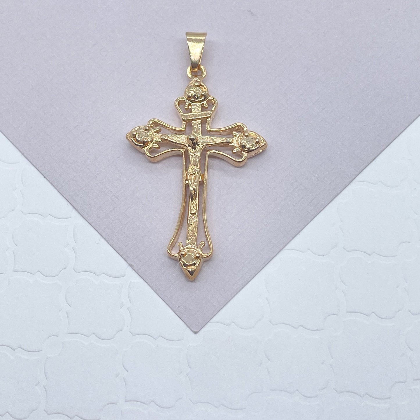 18k Gold Layered 1.7” Crucifix Cross Pendant Charm with Christ Image, Religious