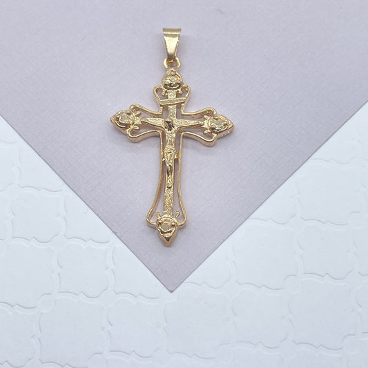 18k Gold Layered 1.7” Crucifix Cross Pendant Charm with Christ Image, Religious