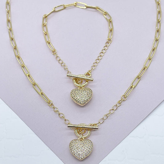 18k Gold Layered Paper Clip Chain Featuring Puffy Heart Full Pave Cubic