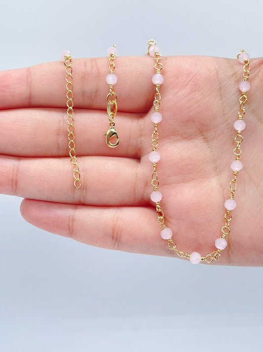 18k Gold Layered Baby Pink Bead Bracelet Necklace Or Jewelry Set, Delicate Beaded