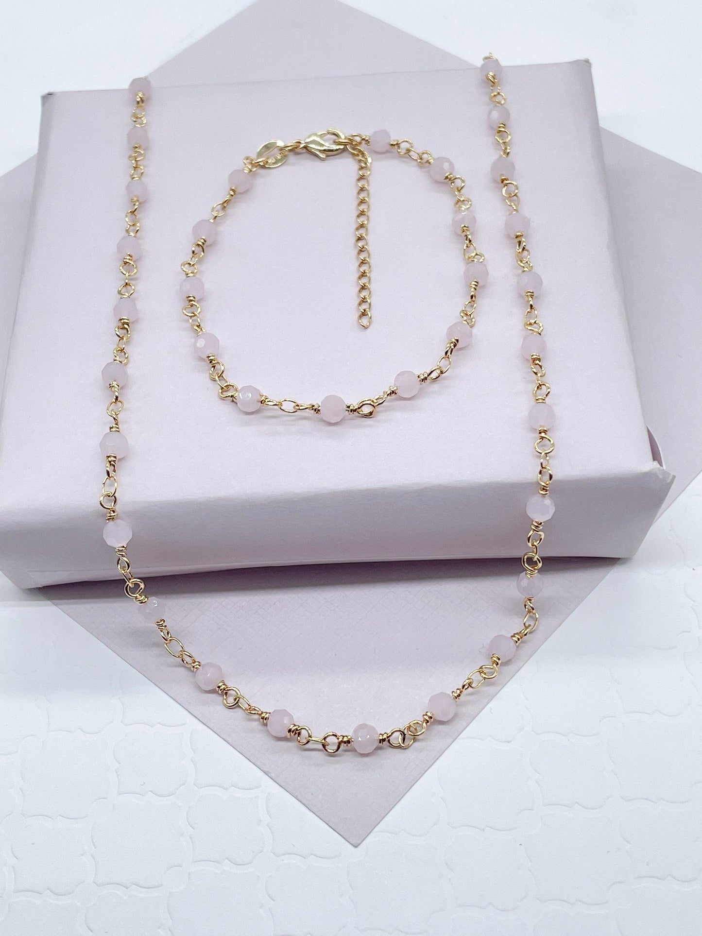 18k Gold Layered Baby Pink Bead Bracelet Necklace Or Jewelry Set, Delicate Beaded