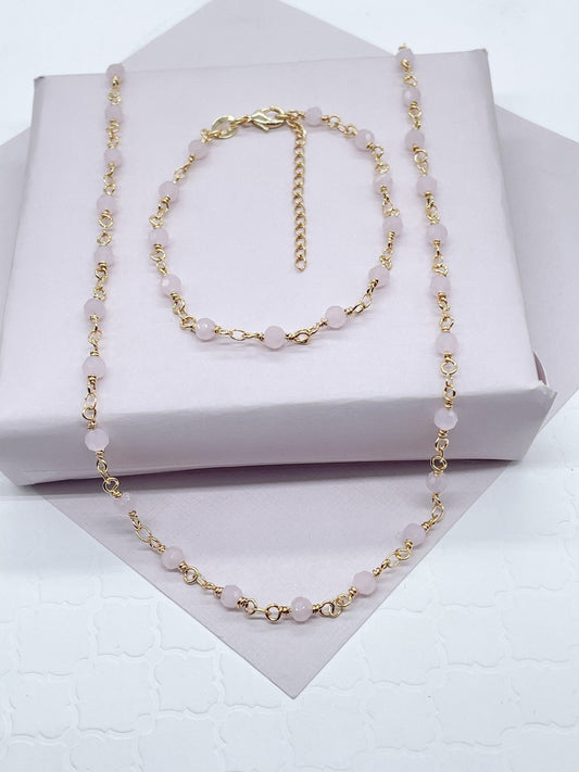 18k Gold Filled Baby Pink Bead Bracelet Necklace Or Jewelry Set, Delicate Beaded