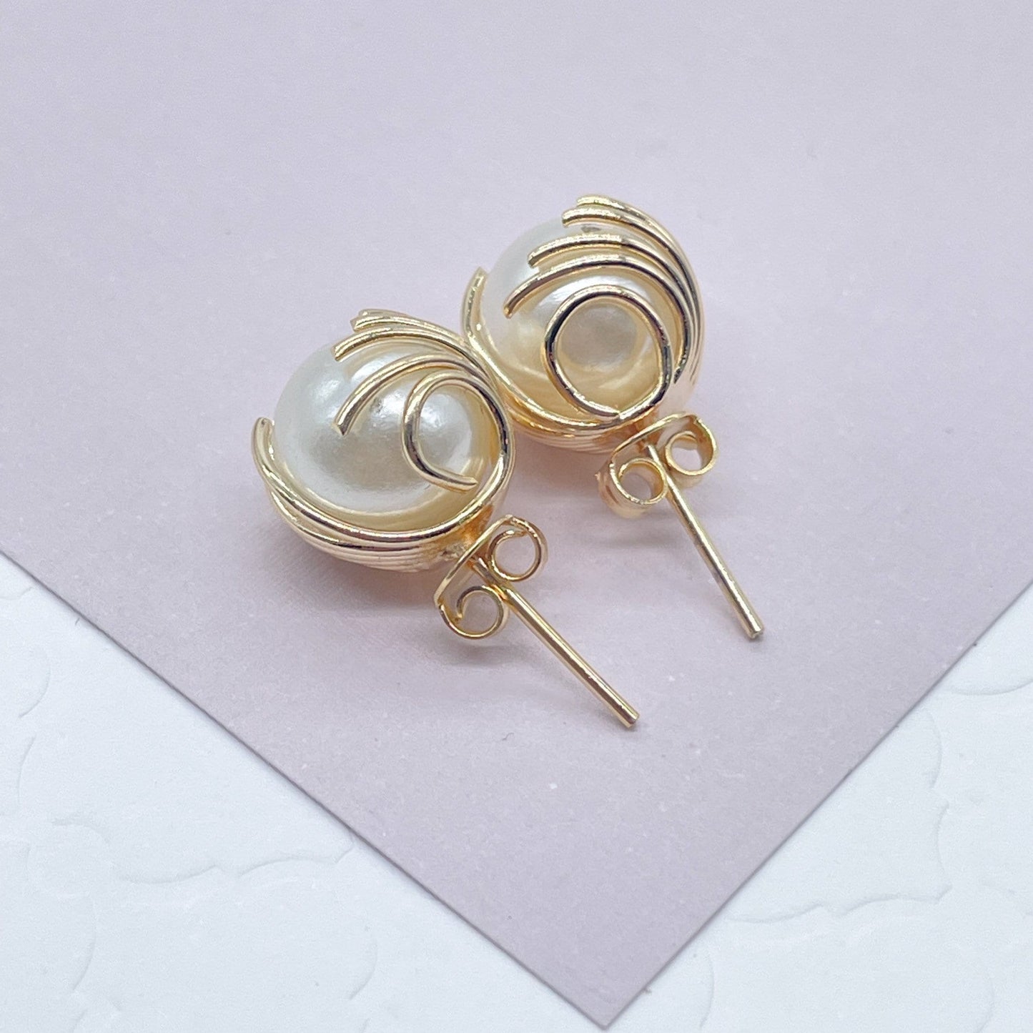 18k Gold Layered Pearl Stud Earrings Wrapped In Gold Thread, Grabbed By Wires