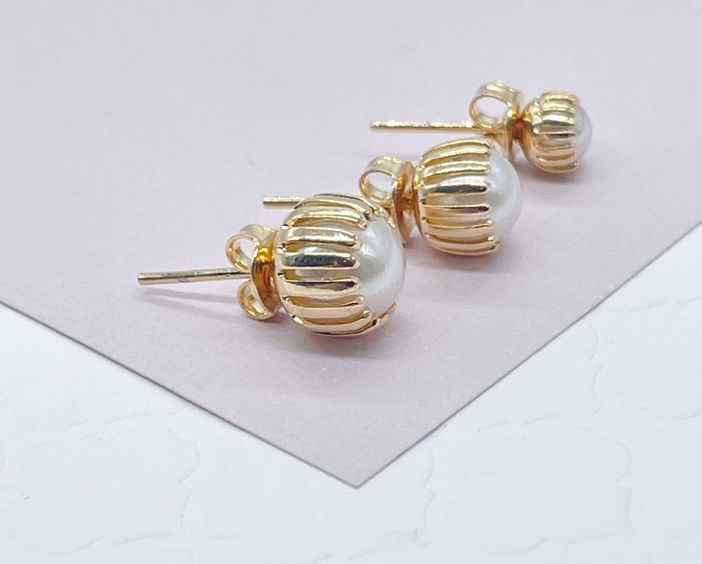 Gorgeous Delicate 18k Gold Layered Crowned Pearl Stud Earrings