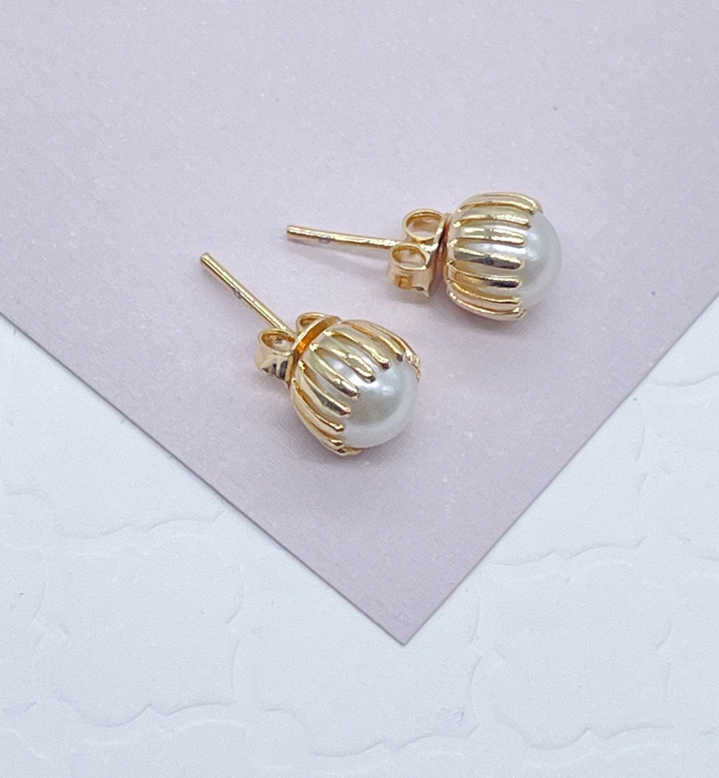 Gorgeous Delicate 18k Gold Layered Crowned Pearl Stud Earrings