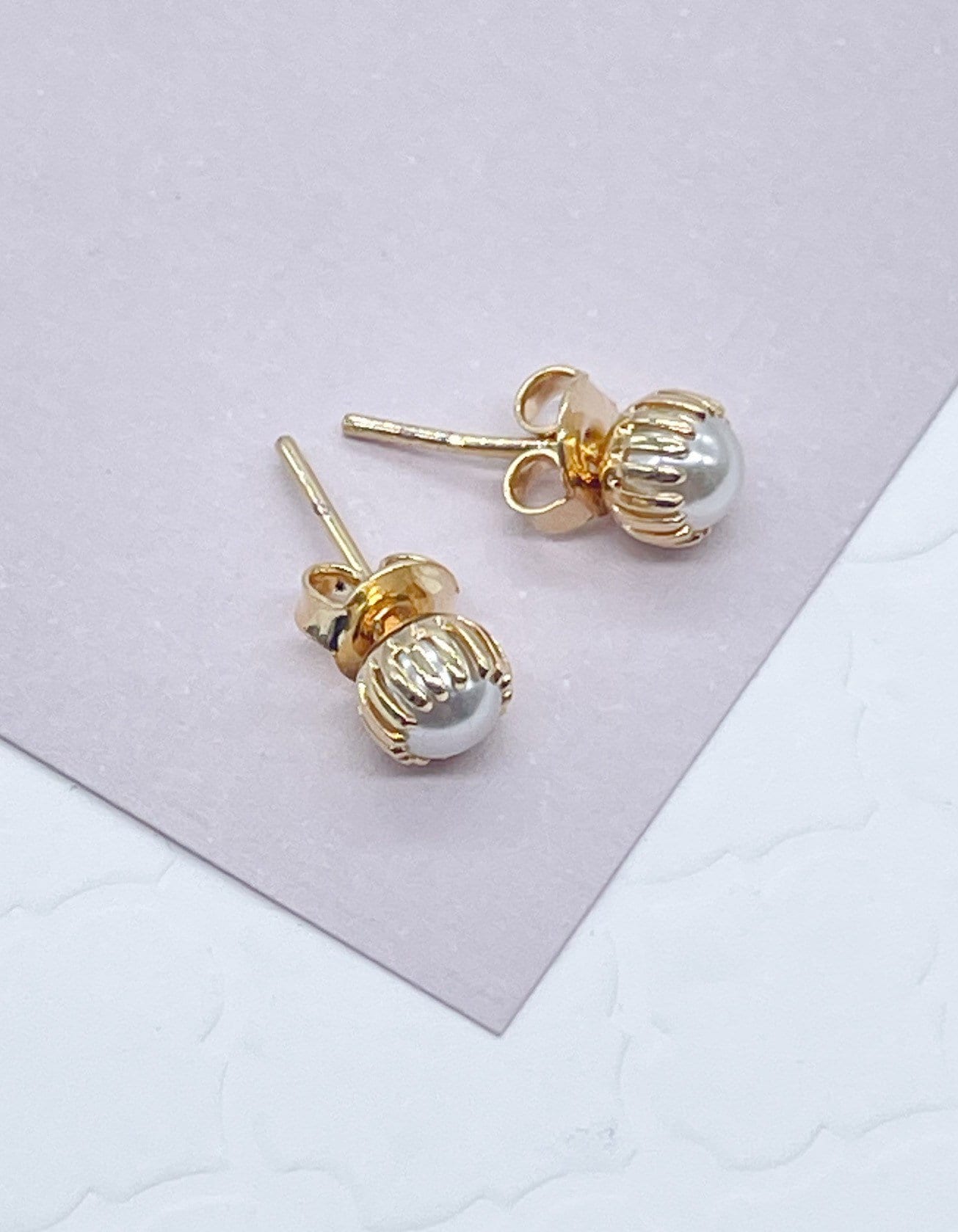Gorgeous Delicate 18k Gold Layered Crowned Pearl Stud Earrings