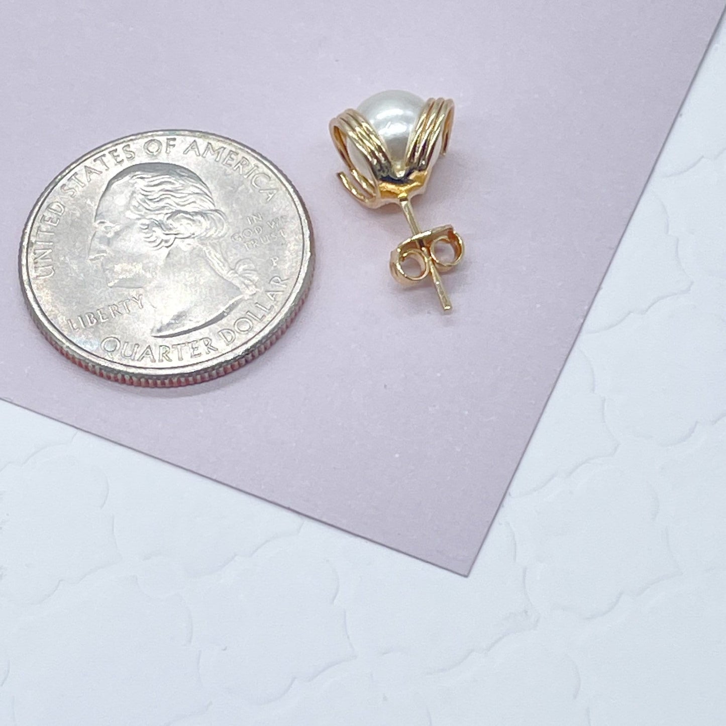 18k Gold Layered Pearl Stud Side Wrapped By Gold Wire Hoop Detail, Small And