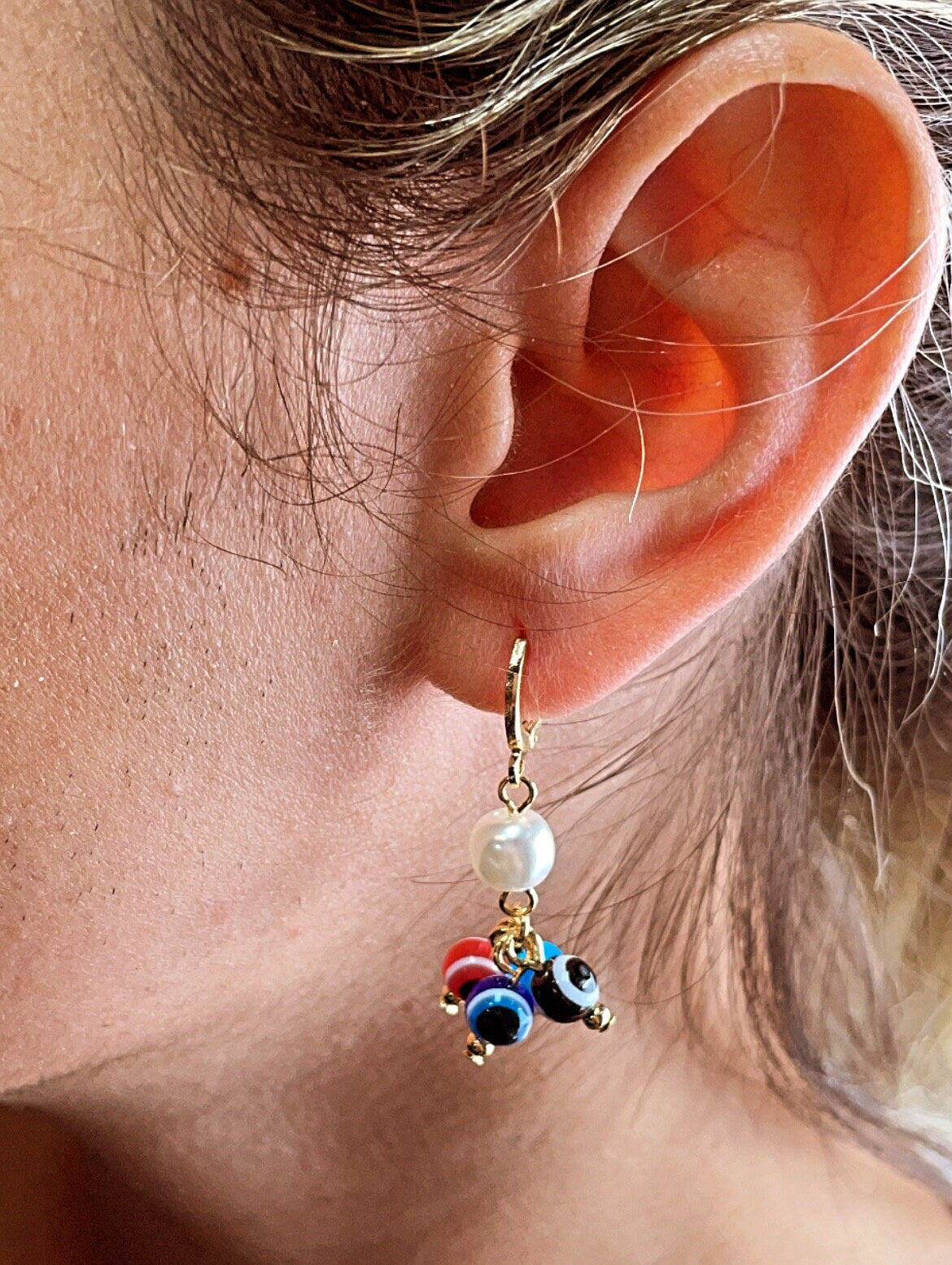 18k Gold Layered Pearl and Evil Eyes Dangling Earrings Featuring Red, Blue, Black