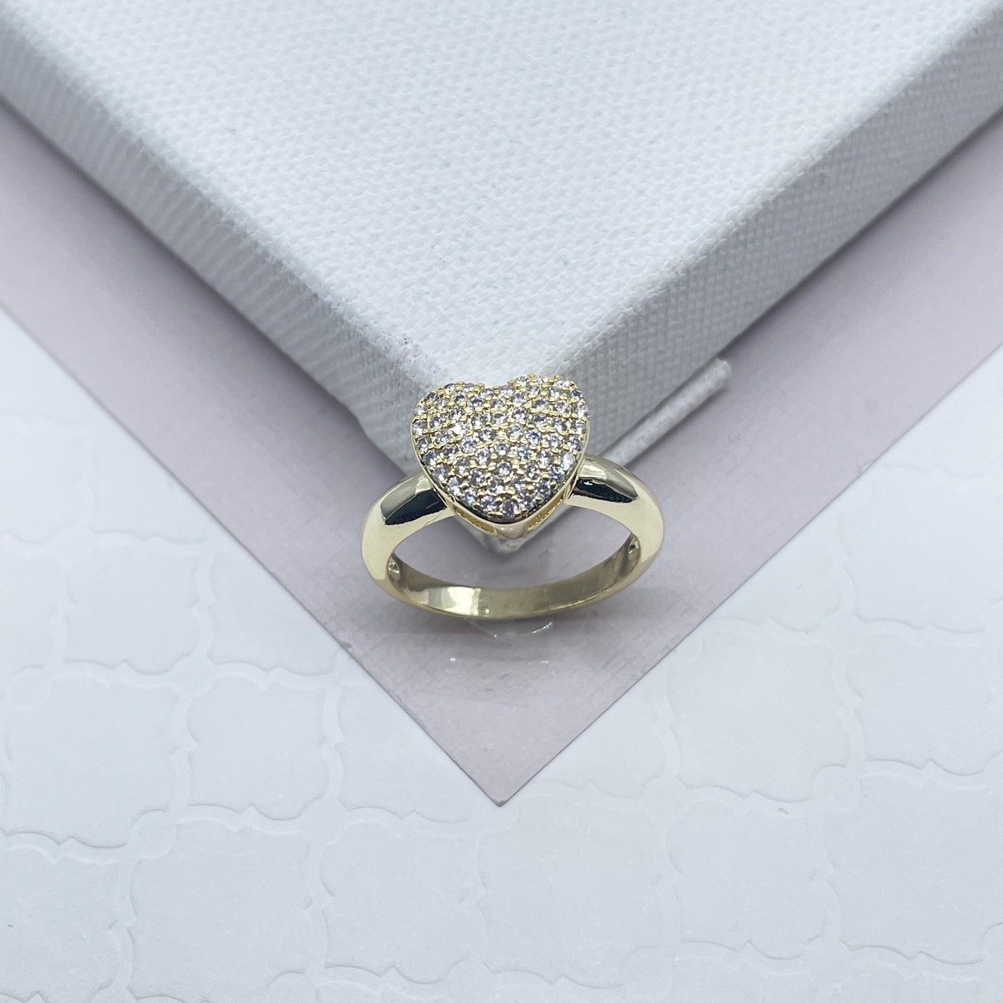 18k Gold Filled Ring Featuring Large Heart Cubic Zirconia In Micro Pave Settings Jewelry