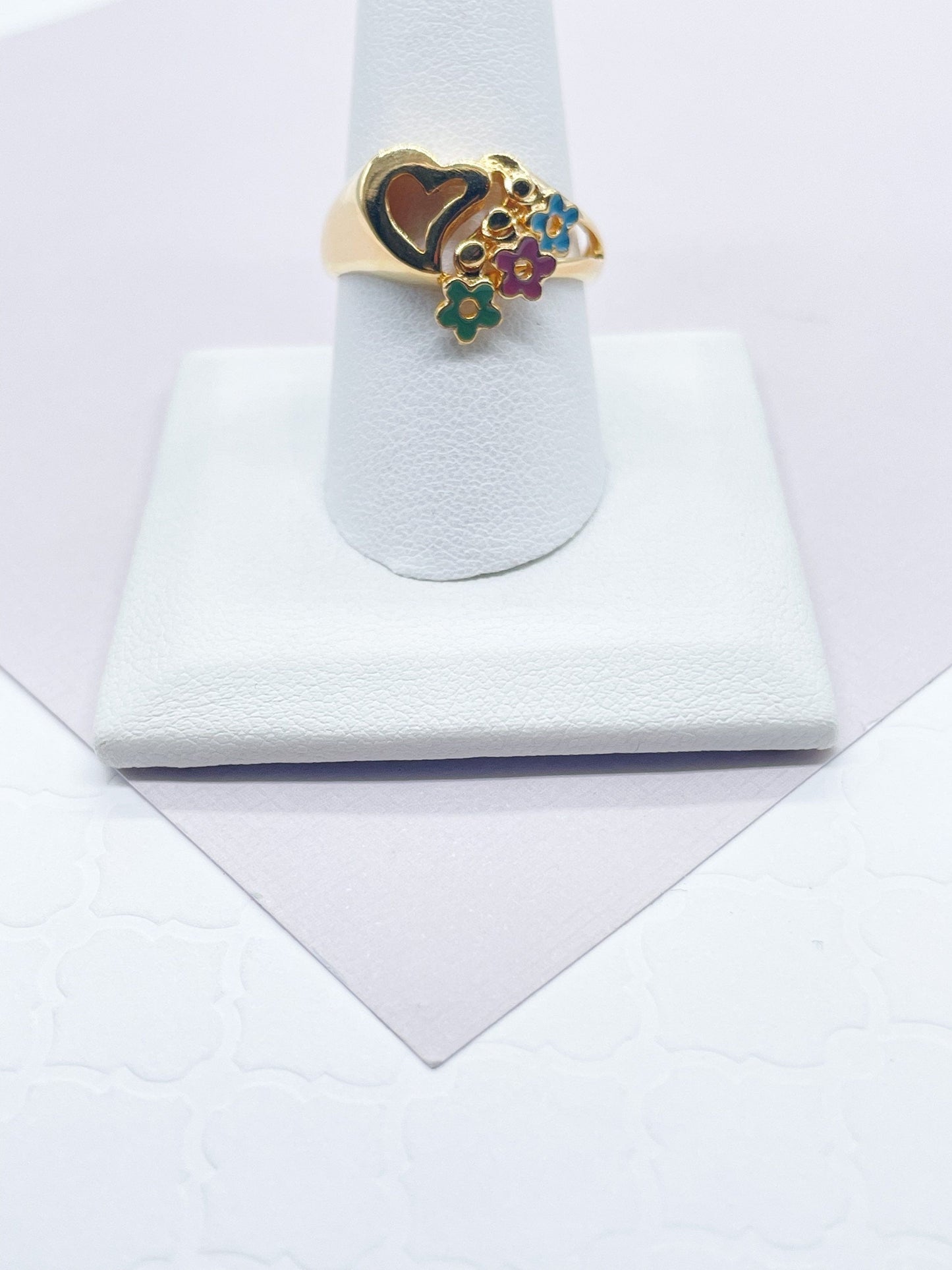 18k Gold Layered Heart Ring With Mini Enamel Flowers Detail Charms Attached