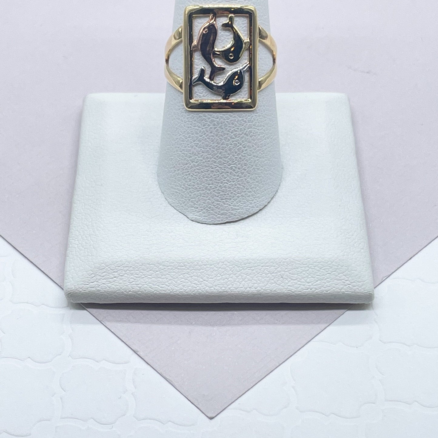 18k Gold Layered Ring With Tri-Colored Dolphins Hallowed Ring Tricolor Dolphins