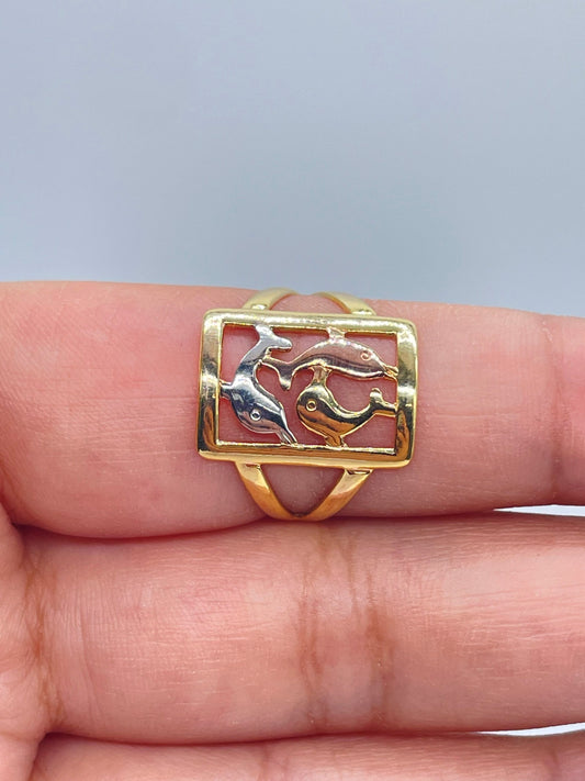 18k Gold Layered Ring With Tri-Colored Dolphins Hallowed Ring Tricolor Dolphins