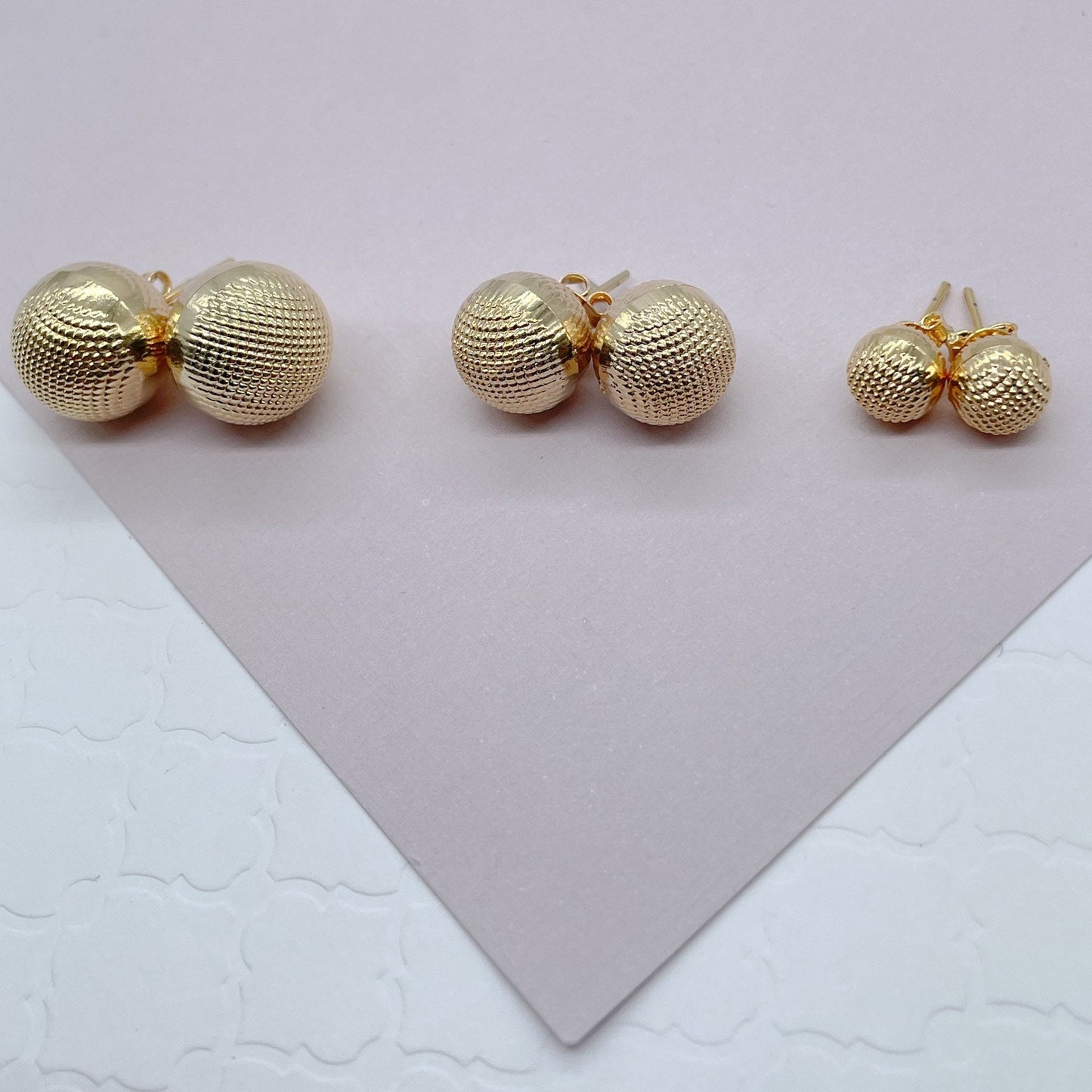 18k Gold Layered Diamond-Cut Cross Pattern Ball Stud Earrings Available Sizes