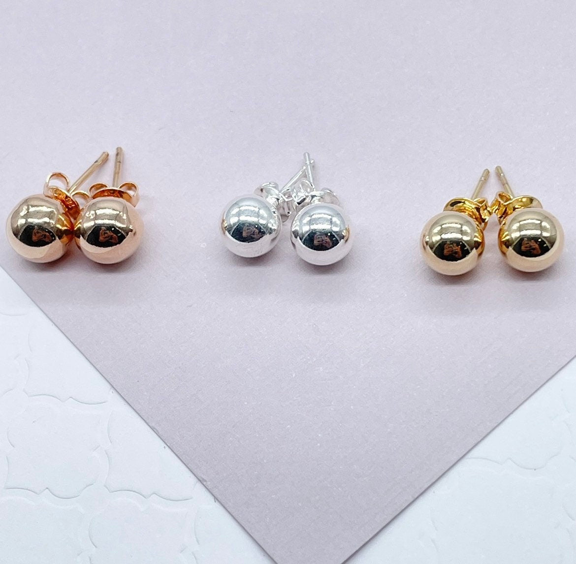 18k Gold Layered Plain Solid 6mm Ball Stud Earrings Available In Gold, Silver And