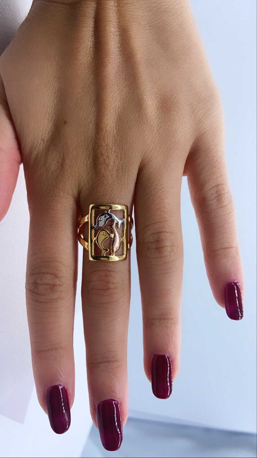18k Gold Layered Ring With Tri-Colored Dolphins Hallowed Ring Tricolor Dolphins