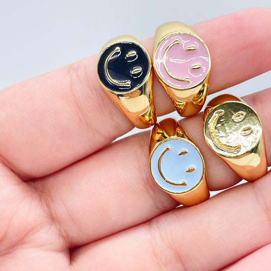 18k Gold Layered Adjustable Smiling Face Rings with Enamel Colors Adjustable