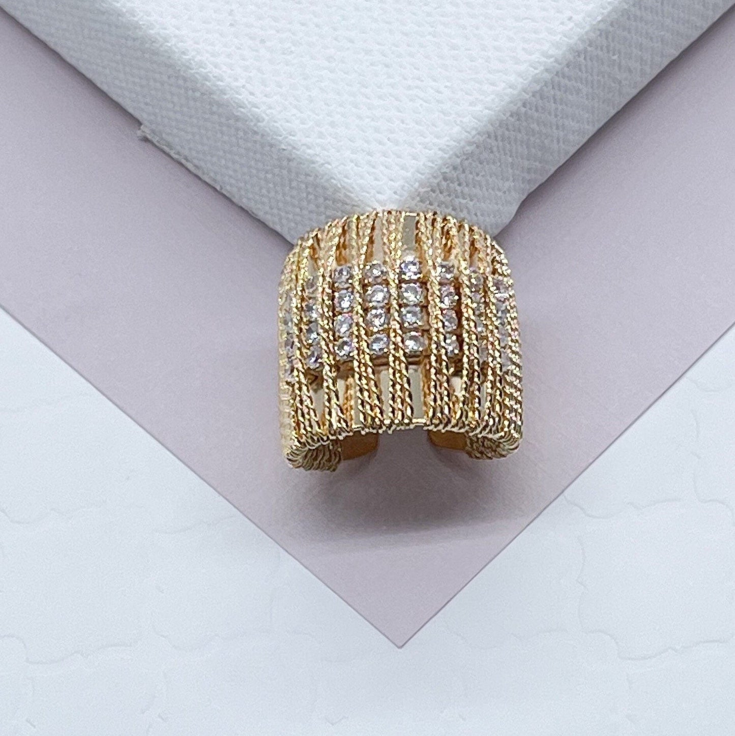 18k Gold Layered Chunky Gold Ring Wrapped In Gold Thread With 8 Rows of Cubic