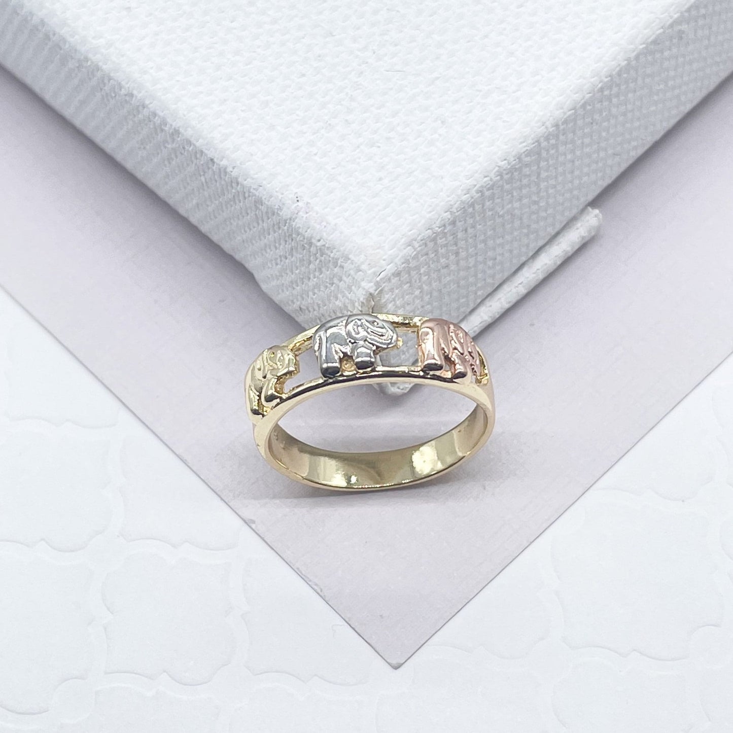 18k Gold Filled Tri-Color Elephant Rings In Gold Silver and Rose Gold Colors