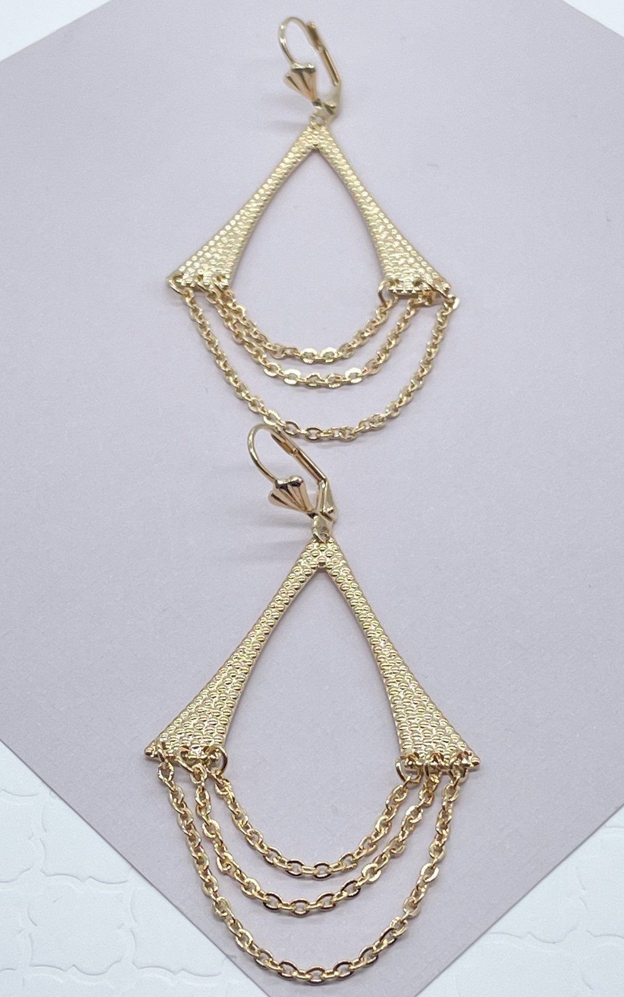 18k Gold Layered Light Chandelier Dangling Earrings Featuring 3 Cable Chain And