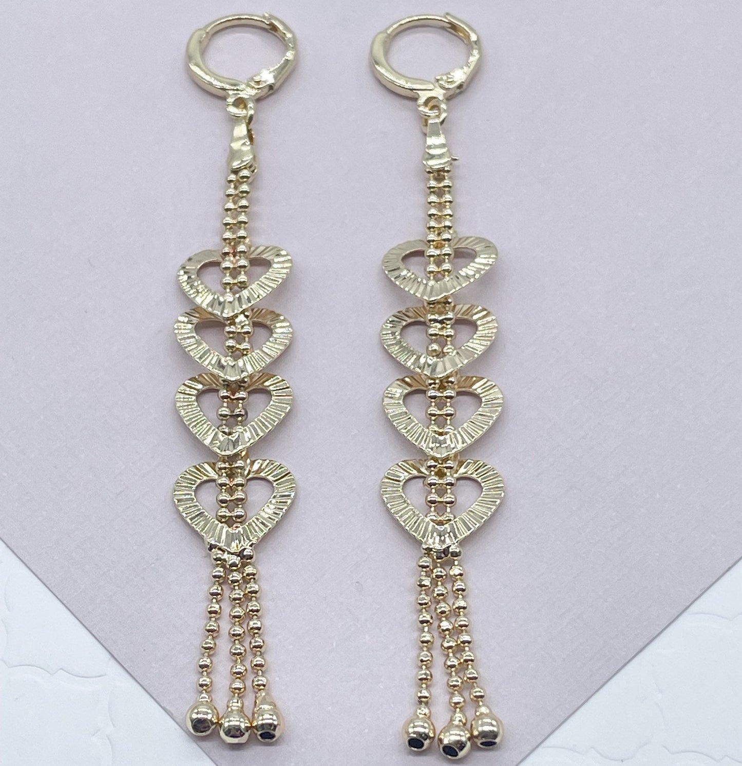 Long 18k Gold Layered Oval or Heart Shape Dangling Earrings Featuring Ball Tips