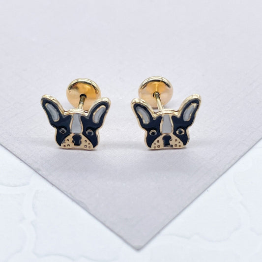 18k Gold Layered Enamel French Bulldog Face Stud Earrings Colored Black White
