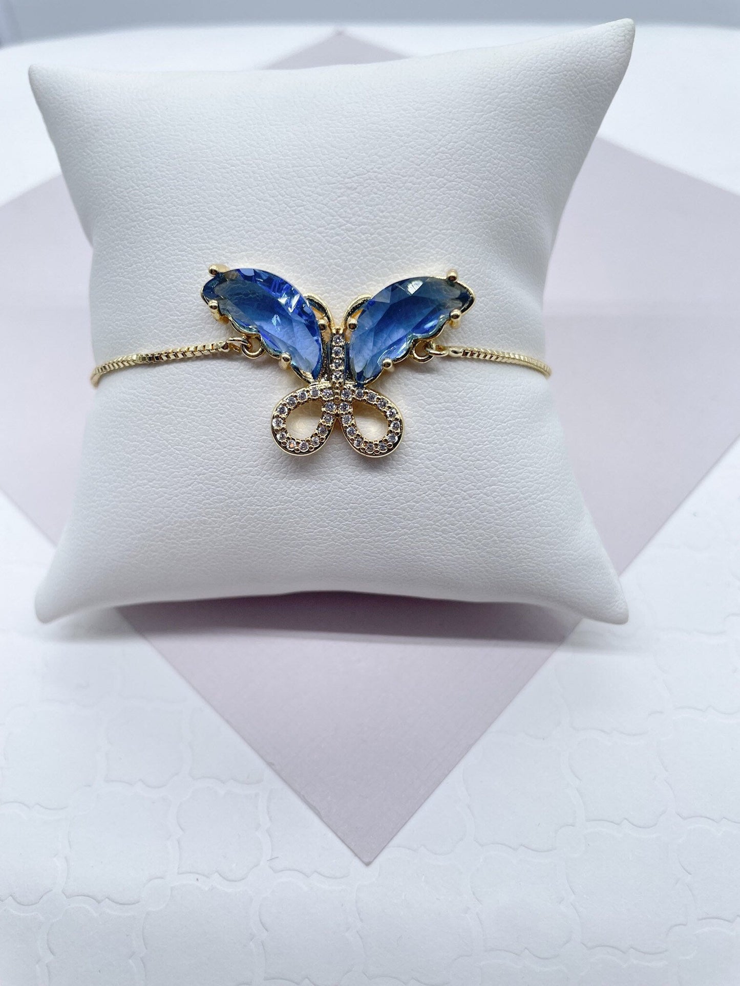 18k Gold Layered Clear Micro Pave Cubic Zirconia Colorful CZ Butterfly Bracelet