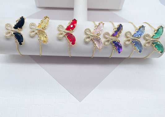 18k Gold Layered Clear Micro Pave Cubic Zirconia Colorful CZ Butterfly Bracelet