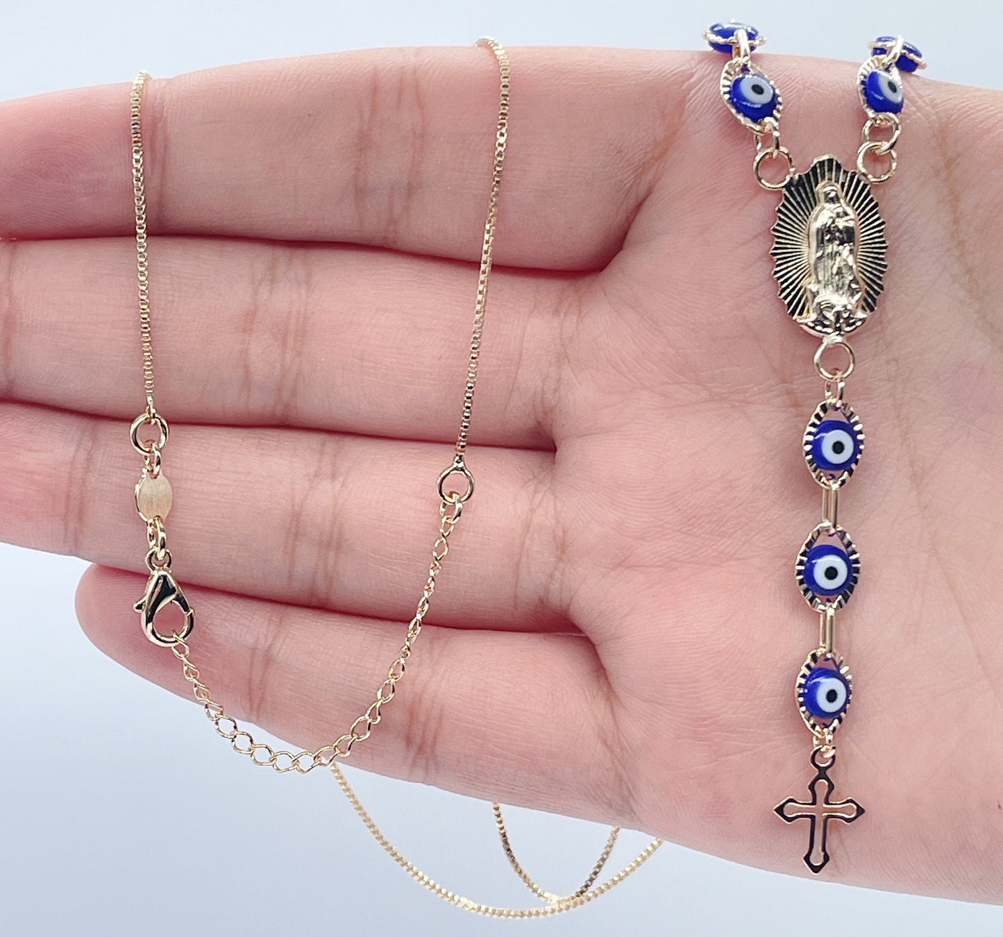 18k Gold Layered Evil Eye Fashion Rosary Style Necklace Featuring Our Lady Of