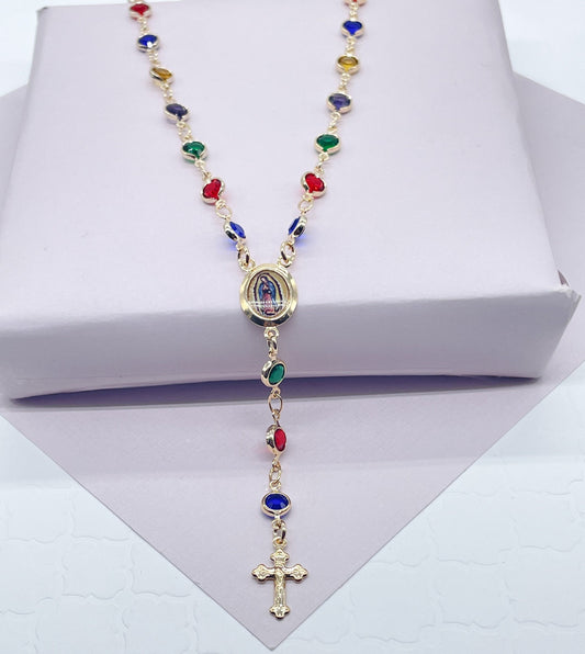 18k Gold Filled Small Round Colorful Rosary Necklace, Multicolor Fashion