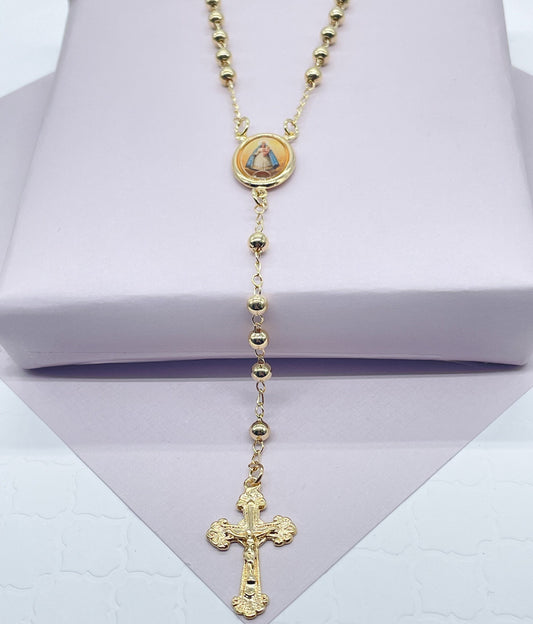 18k Gold Layered Medium Bead Rosary Necklace with Virgin Image Photo Like, Trendy